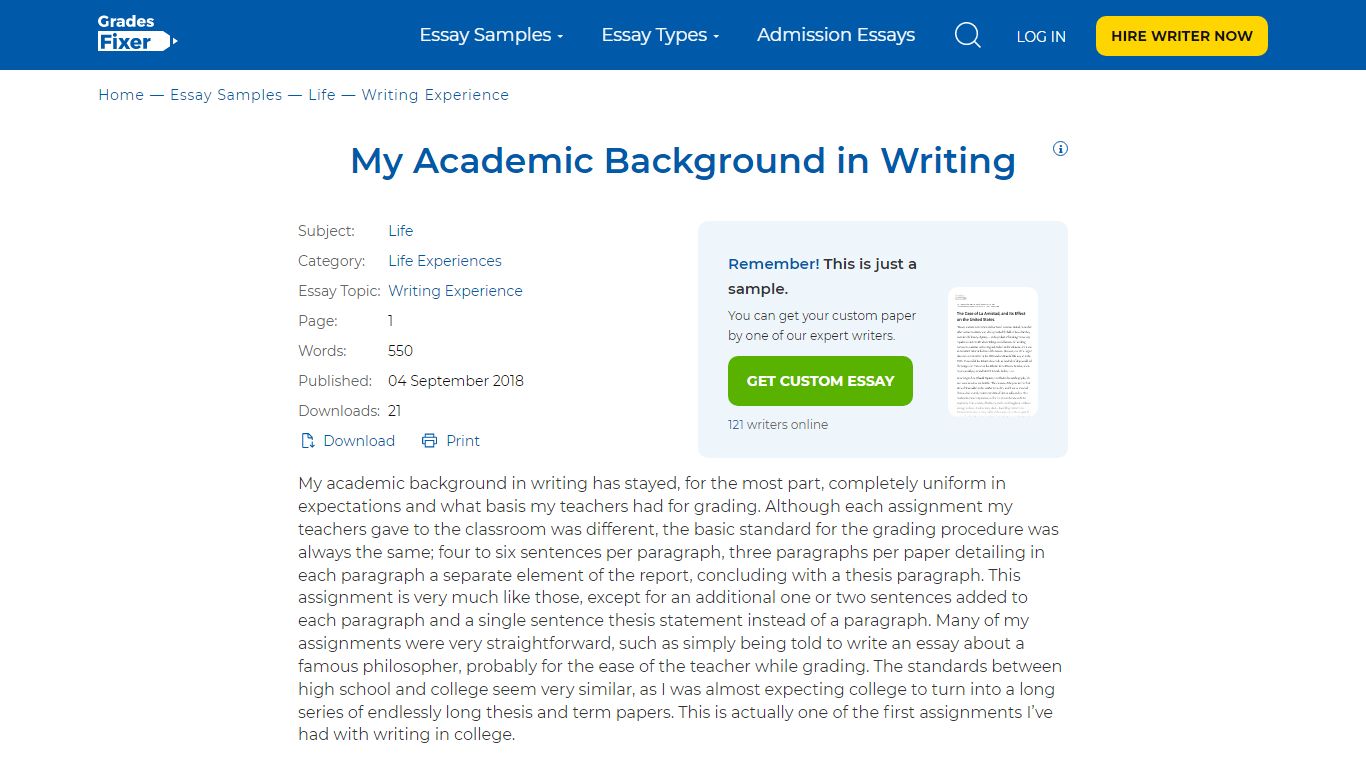 My Academic Background in Writing: [Essay Example], 550 words