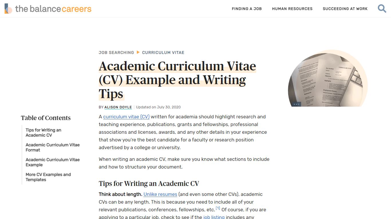 Academic Curriculum Vitae (CV) Example and Writing Tips